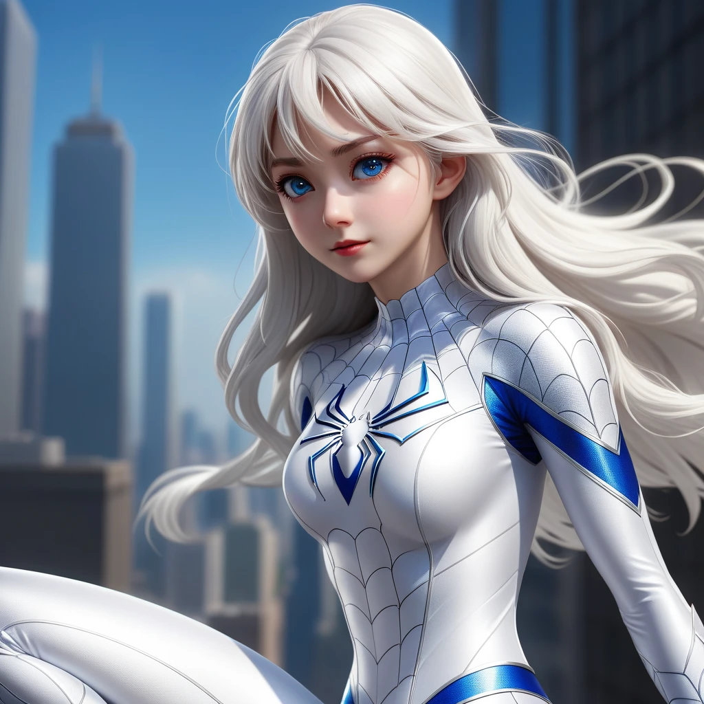 Very detailed,(Highest quality),((masterpiece)),(High resolution),original,Very detailed 8k 壁紙,(Very delicate and beautiful),Highest_hand,anime,One girl, alone,Long white hair, White costume superhero theme, Wearing a white Spiderman costume, Super Heroine, whole body, blue eyes, Spiderman&#39;s Dynamic Pose