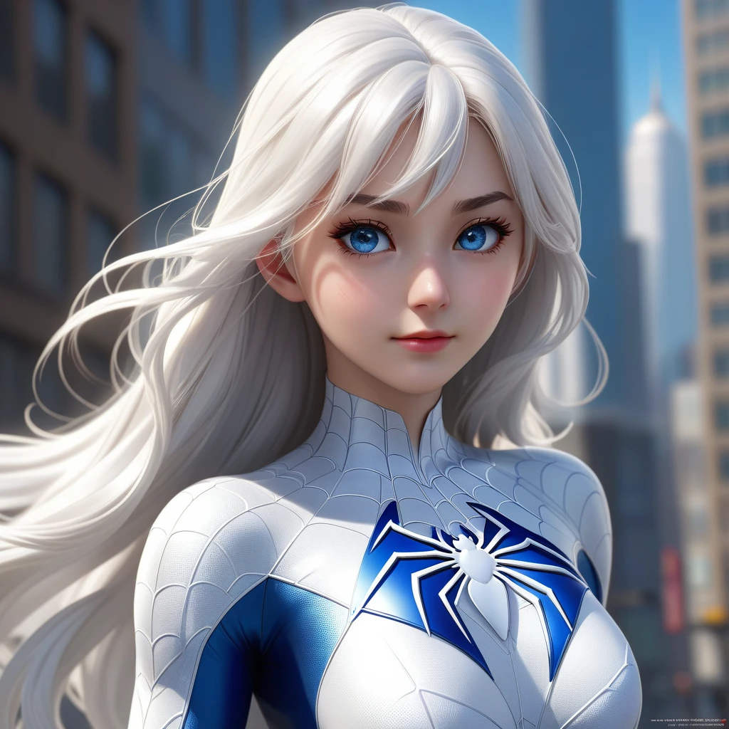 Very detailed,(Highest quality),((masterpiece)),(High resolution),original,Very detailed 8k 壁紙,(Very delicate and beautiful),Highest_hand,anime,One girl, alone,Long white hair, White costume superhero theme, Wearing a white Spiderman costume, Super Heroine, whole body, blue eyes, Spiderman&#39;s Dynamic Pose