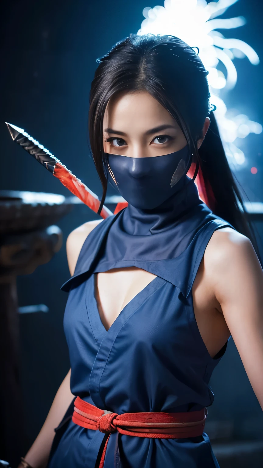 (RAW shooting, Photoreal:1.5, 8k, highest quality, masterpiece, ultra high resolution), Sengoku, fire thing, War fires raging everywhere:1.3, perfect dynamic composition:1.2, Highly detailed skin and facial textures:1.2, Slim female ninja with a sharp dagger:1.3, Fight:1.2, beautiful and aesthetic, cute and sexy beauty, perfect style:1.2, wear elaborate rings, fire, water, Wind, thunder, ice, Fair skin, very beautiful face, radiant white skin, (Medium chest), faint smile, (Wearing tirtle neck ninja suit), sleeveless (beautiful blue eyes), (Bewitching:0.9), cowboy shot, no mask, ninjitsu pose, neon lights, ninjitsu style, magic lights, chakra lights, aura