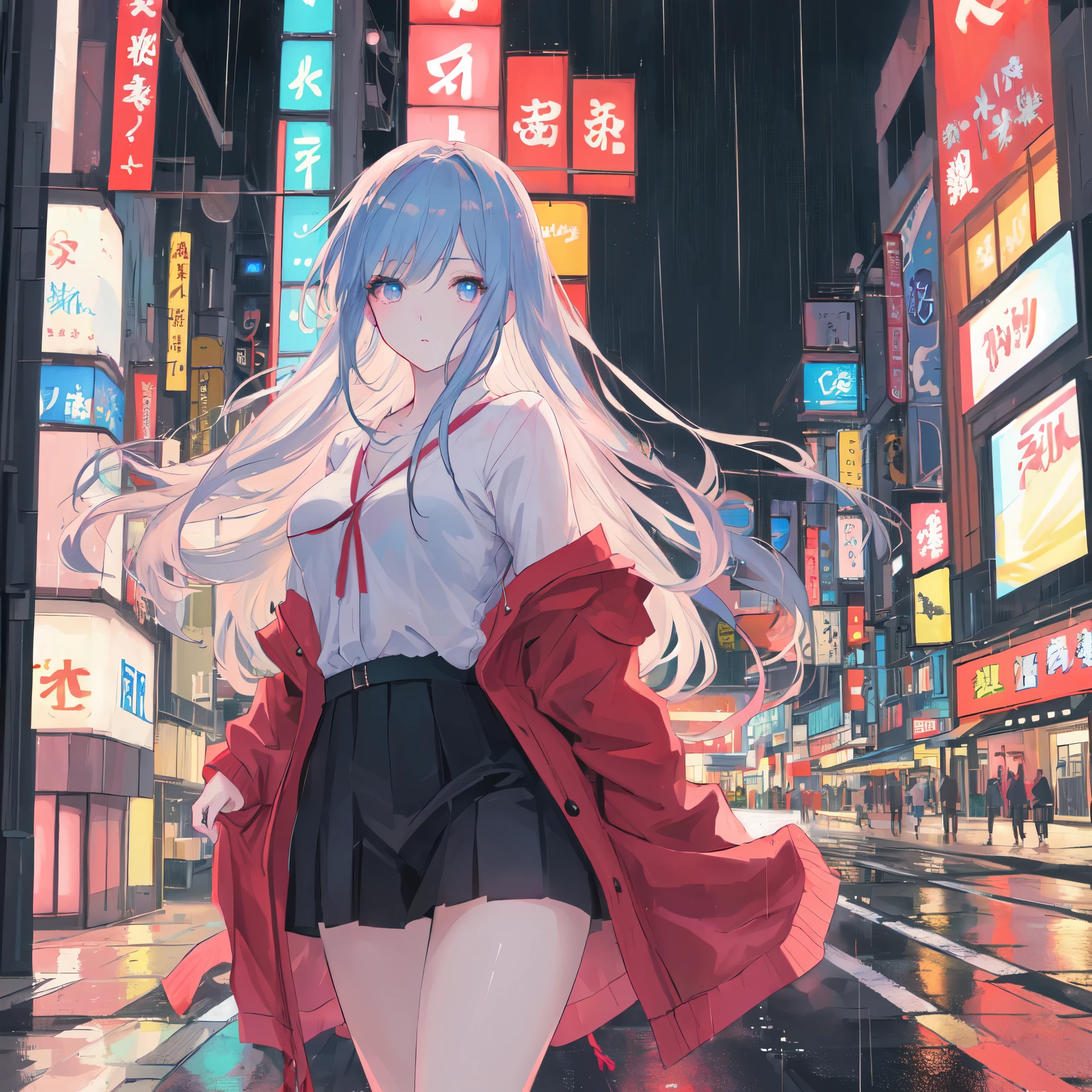 ((8k,masterpiece, best quality, highres)) ultra-detailed, Create a realistic illustration of a beautiful anime-style girl with long hair walking through the rainy neon streets of Tokyo. The girl should have realistic eyes, a perfect face, and a perfect body.