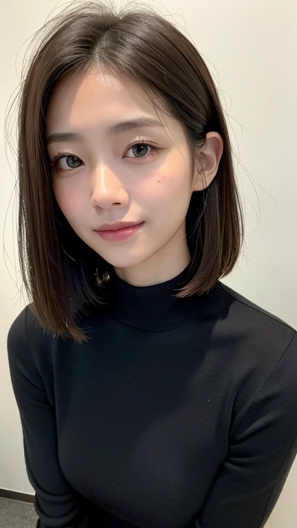 (((Close-up of face)))、(((Absolutely shoulder-length brown straight short bob)))、(((She is posing like a hair salon model, with a black wall indoors as the background.)))、(((Casual black winter long sleeves with shoulders covered)))、Half Japanese, half Korean、18 year old girl、Standing Alone、Looking forward、Light eye makeup、Brown Hair Color、Flat and 、Hair blowing in the wind、Actress Quality、Glossy, ultra-realistic face、Smiling face、Watery eyes、Gazing Up、Subtle lighting effects、 Ultra-Realistic Capture、Very detailed、High resolution 16K close up of human skin。Skin texture must be natural、The details must be such that pores can be clearly seen、The skin is healthy、Uniform tone、Use natural light and colors、A worn-out, high-quality photo taken by a model agency&#39;s in-house photographer.、smile、(((SIGMA 300 mm F/1.4,1/1000 sec shutter,ISO 400))) 