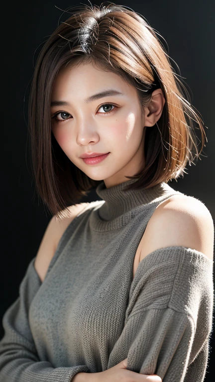 (((Close-up of face)))、(((Absolutely shoulder-length brown straight short bob)))、(((She is posing like a hair salon model, with a black wall indoors as the background.)))、(((Casual black winter long sleeves with shoulders covered)))、Half Japanese, half Korean、18 year old girl、Standing Alone、Looking forward、Light eye makeup、Brown Hair Color、Flat and 、Hair blowing in the wind、Actress Quality、Glossy, ultra-realistic face、Smiling face、Watery eyes、Gazing Up、Subtle lighting effects、 Ultra-Realistic Capture、Very detailed、High resolution 16K close up of human skin。Skin texture must be natural、The details must be such that pores can be clearly seen、The skin is healthy、Uniform tone、Use natural light and colors、A worn-out, high-quality photo taken by a model agency&#39;s in-house photographer.、smile、(((SIGMA 300 mm F/1.4,1/1000 sec shutter,ISO 400))) 