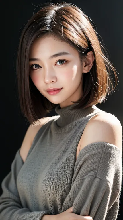 (((Close-up of face)))、(((Absolutely shoulder-length brown straight short bob)))、(((She is posing like a hair salon model, with ...