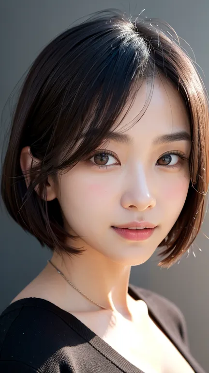 (((close-up of face)))、(((absolutely shoulder-length brown straight short bob)))、(((she is posing like a hair salon model, with ...