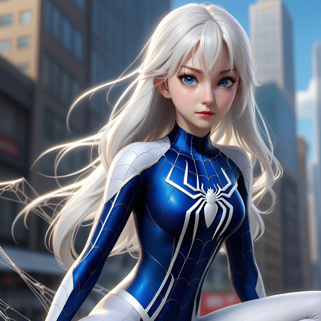 Very detailed,(Highest quality),((masterpiece)),(High resolution),original,Very detailed 8k 壁紙,(Very delicate and beautiful),Highest_hand,anime,One girl, alone,Long white hair, White Spider-Man costume, whole body, blue eyes, Spiderman&#39;s Dynamic Pose