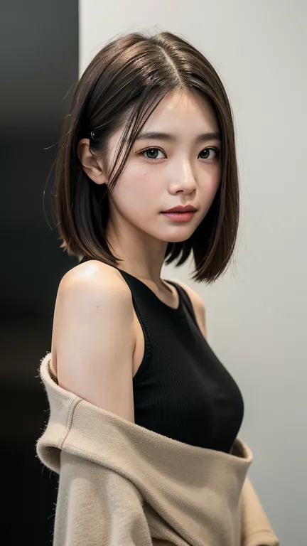 (((close-up of face)))、(((absolutely shoulder-length brown straight short bob)))、(((she is posing like a hair salon model, with ...