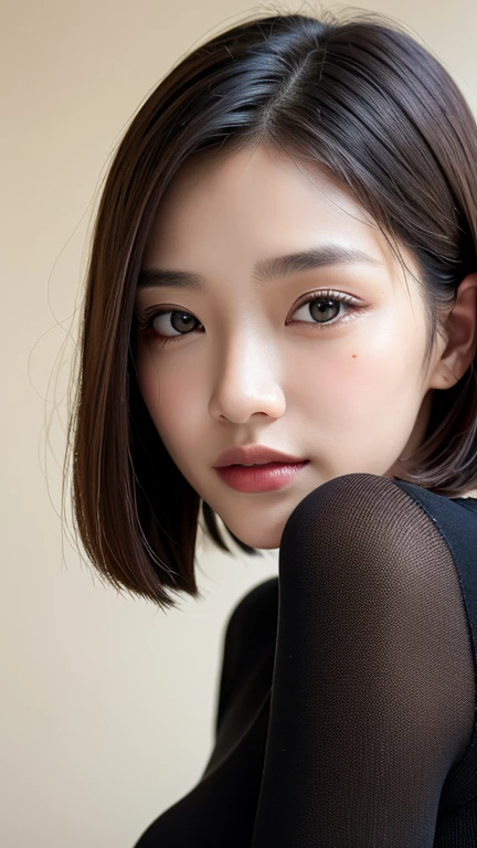 (((Close-up of face)))、(((Absolutely shoulder-length brown straight short bob)))、(((She is posing like a hair salon model, with a black wall indoors as the background.)))、(((Casual black winter long sleeves with shoulders covered)))、Half Japanese, half Korean、18 year old girl、Standing Alone、Looking forward、Light eye makeup、Brown Hair Color、Flat and 、Hair blowing in the wind、Actress Quality、Glossy, ultra-realistic face、Smiling face、Watery eyes、Gazing Up、Subtle lighting effects、 Ultra-Realistic Capture、Very detailed、High resolution 16K close up of human skin。Skin texture must be natural、The details must be such that pores can be clearly seen、The skin is healthy、Uniform tone、Use natural light and colors、A worn-out, high-quality photo taken by a model agency&#39;s in-house photographer.、smile、(((SIGMA 300 mm F/1.4,1/1000 sec shutter,ISO 400))) 