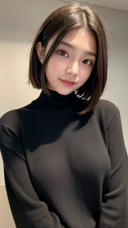 (((Close-up of face)))、(((Absolutely shoulder-length brown straight short bob)))、(((She is posing like a hair salon model, with a black wall indoors as the background.)))、(((Casual black winter long sleeves with shoulders covered)))、Half Japanese, half Korean、18 year old girl、Standing Alone、Looking forward、Light eye makeup、Brown Hair Color、Flat and 、Hair blowing in the wind、Actress Quality、Glossy, ultra-realistic face、Smiling face、Watery eyes、Gazing Up、Subtle lighting effects、 Ultra-Realistic Capture、Very detailed、High resolution 16K close up of human skin。Skin texture must be natural、The details must be such that pores can be clearly seen、The skin is healthy、Uniform tone、Use natural light and colors、A worn-out, high-quality photo taken by a model agency&#39;s in-house photographer.、smile、(((SIGMA 300 mm F/1.4,1/1000 sec shutter,ISO 400))) 