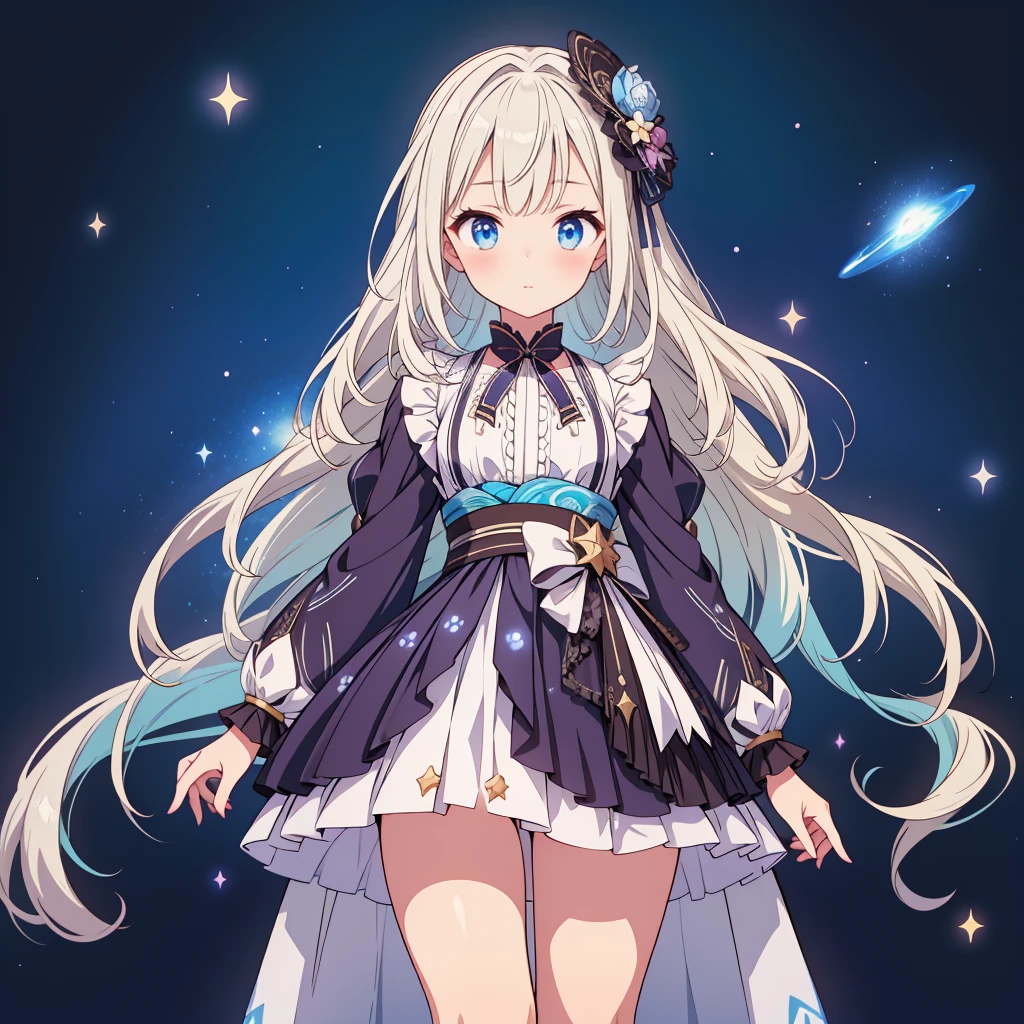 Star Fairy、(masterpiece, best quality), 1girl, 「A beautifully printed galaxy patterned kimono and gothic lolita outfit、Space pattern box pleated mini skirt with ruffles、Standing in front of the viewer、Knee-high boots、Captivating eyes、Perfect and stunning face、Exquisite details、Clear images、highest quality。」Milky white and blue highlight gradient long straight hair、