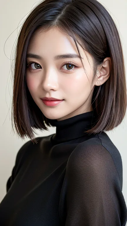 (((Close-up of face)))、(((Absolutely shoulder-length brown straight short bob)))、(((She is posing like a hair salon model, with ...