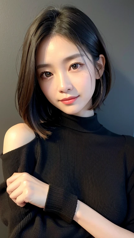 (((Close-up of face)))、(((Absolutely shoulder-length brown straight short bob)))、(((She is posing like a hair salon model, with a black wall indoors as the background.)))、(((Casual black winter long sleeves with shoulders covered)))、Half Japanese, half Korean、18 year old girl、Standing Alone、Looking forward、Light eye makeup、Brown Hair Color、Flat and 、Hair blowing in the wind、Actress Quality、Glossy, ultra-realistic face、Smiling face、Watery eyes、Gazing Up、Subtle lighting effects、 Ultra-Realistic Capture、Very detailed、High resolution 16K close up of human skin。Skin texture must be natural、The details must be such that pores can be clearly seen、The skin is healthy、Uniform tone、Use natural light and colors、A worn-out, high-quality photo taken by a model agency&#39;s in-house photographer.、smile、(((SIGMA 300 mm F/1.4,1/1000 sec shutter,ISO 400))) 