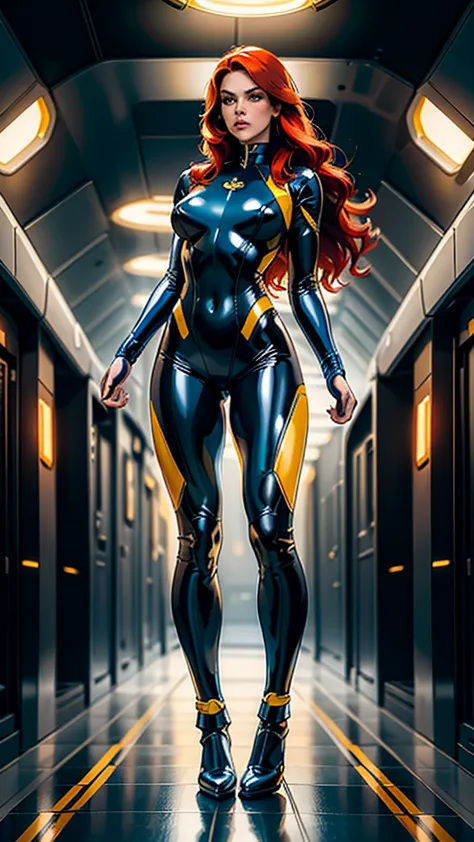 best quality, 4k, american comics art style, vintage space woman,long red hair,lookng to observer,yellow and dark blue tight lat...