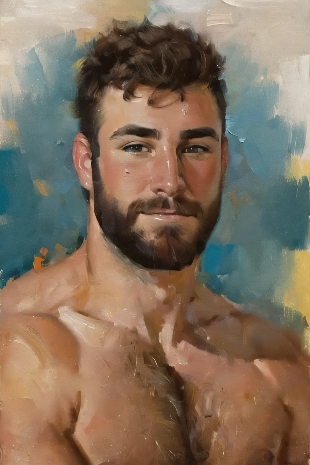 (bichu, Ölgemälde, Impressionismus) von (ein Mann), (Betrachter betrachten), (Kopfschuss:1.7) (Porträt:1.7),
Sehr detailliertes männliches Gesicht, heroisch, detaillierte realistische offene blaugrüne Augen, (muskulös:1.5), (Große Muskeln), (massive Brustmuskeln), (behaarte Brustmuskeln), schmale Taille und Hüfte, (Schokoladenbraunes Haar), (leichtes Lächeln), (mit nacktem Oberkörper) (oben ohne männlich). sehr detailliert, gute Qualität, Meisterwerk

