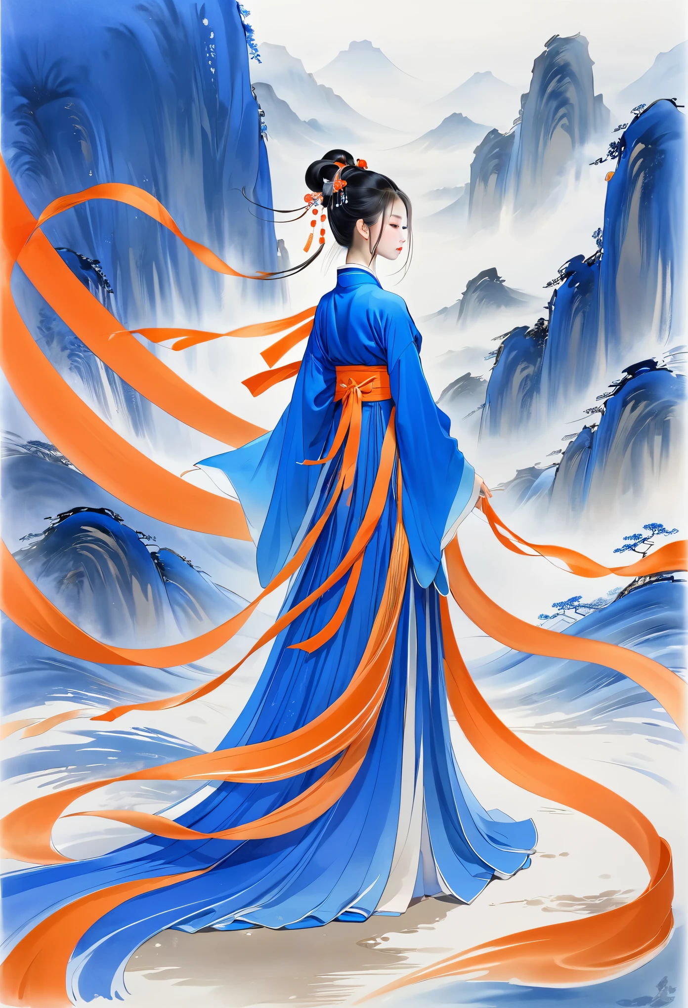 1 fille，hanfu，rubans fluides，bleu et orange，minimalisme，à main levée，la longue route，lignes douces