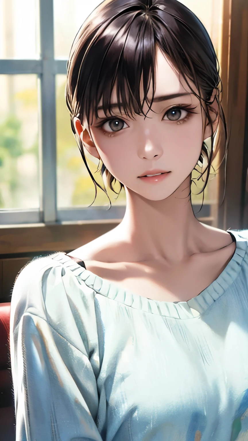 (hig彼st quality、8k、32k、masterpiece)、(Realistic)、(Realistic:1.2)、(High resolution)、Very detailed、Very beautiful face and eyes、1 girl、Delicate body、short hair, (hig彼st quality、Attention to detail、Rich skin detail)、(hig彼st quality、8k、Oil paint:1.2)、Very detailed、(Realistic、Realistic:1.37)、Bright colors、Full Body Shot, (Casual Fashion)