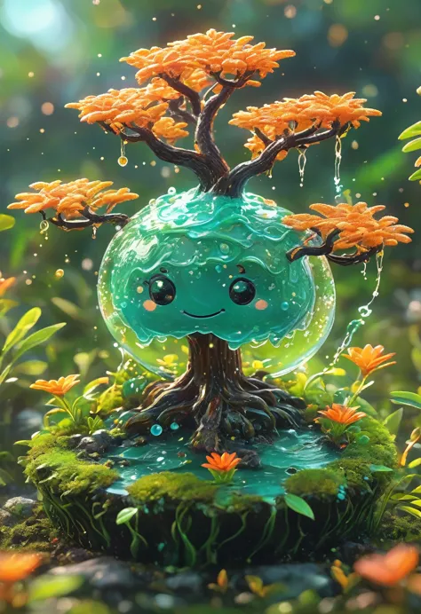 best quality, very good, 16K, ridiculous, Extremely detailed, Cute round slime tree，The horns are made of translucent boiling la...