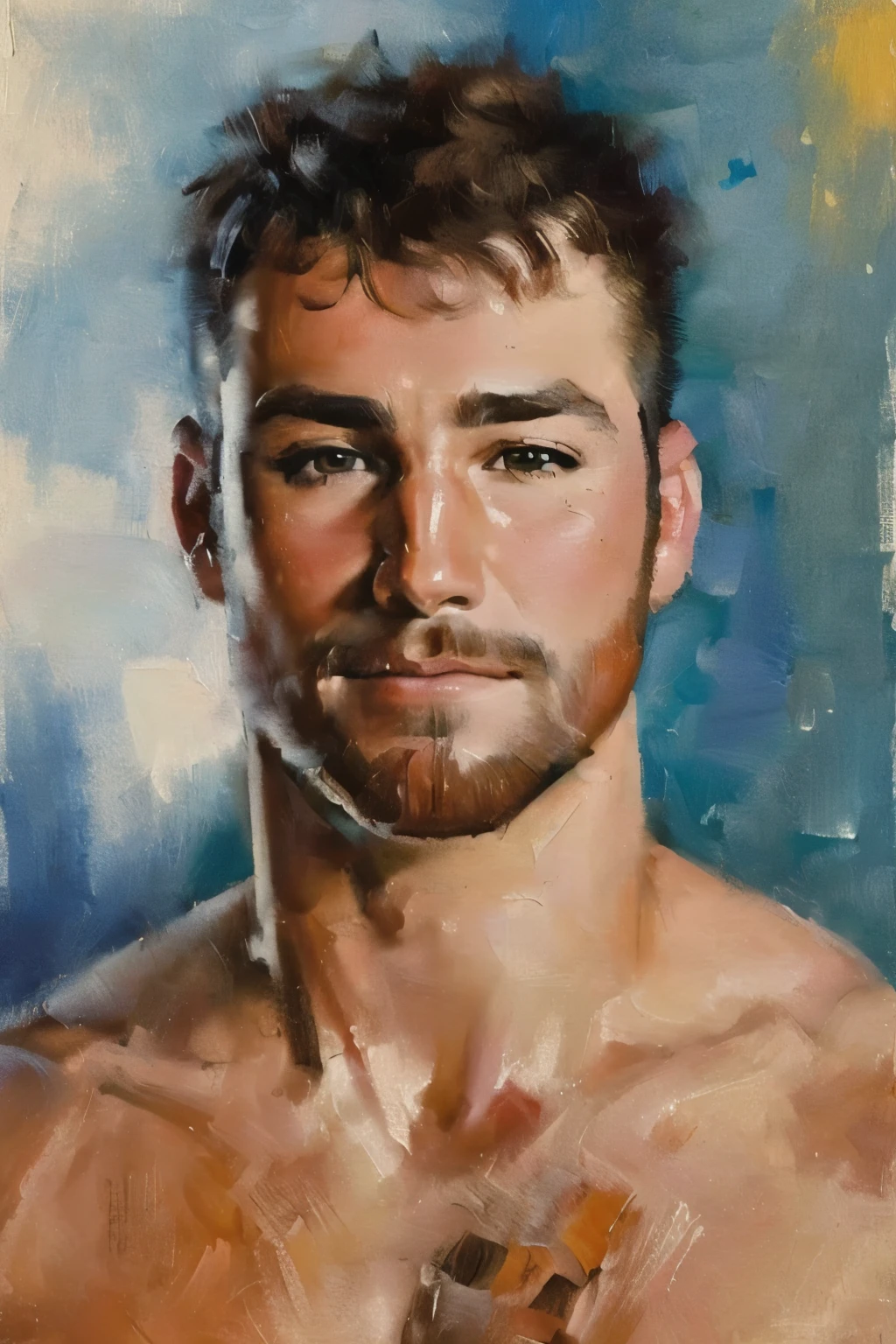 (bichu, oil painting, Impressionism) of (one male), (looking at viewer), (head shot:1.7) (portrait:1.7),
Very detailed manly face, heroic, detailed realistic open teal eyes, (muscular:1.5), (big muscles), (massive pecs), narrow waist and hips, (chocolate brown hair), (slight smile), (shirtless) (topless male). highly detailed, high quality, masterpiece
