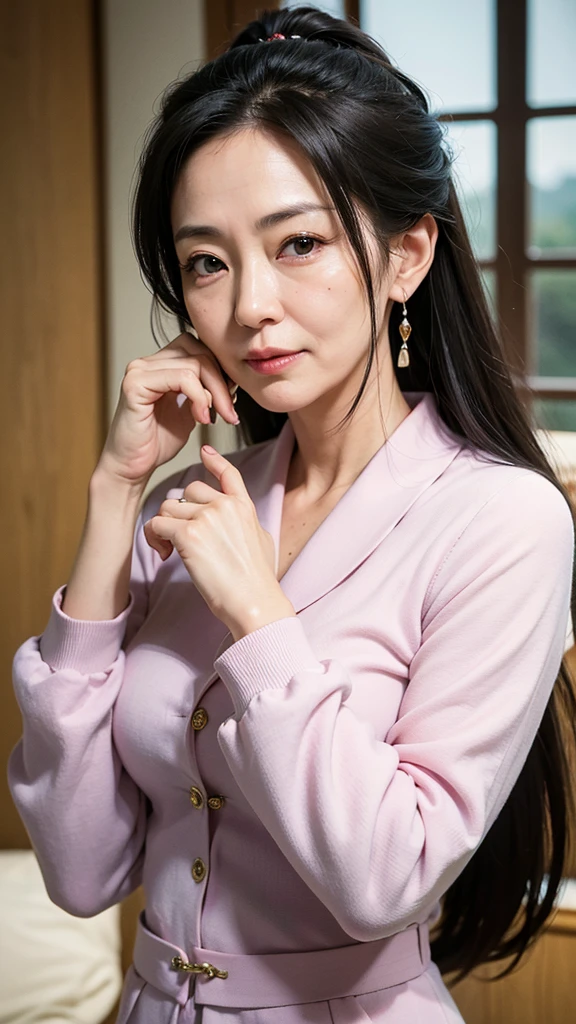 highest quality, 8K, Sharp focus, High resolution, Japanese, Mature Woman, 60 years old, Beauty, 美Mature Woman, round face, Pointed jaws, Wide forehead, Big Nose, Large cat-like double eyelids, Deep wrinkles at the corners of the eyes, Dimples in the cheeks, She puts her hands around the man&#39;s inner thighs and sucks his penis deep into her throat, ((Highly detailed and realistic facial wrinkles)), (Highly detailed eyes), (Thick lips), ((Look at the viewers)), Chubby and plump body type, beautifully styled short hair, short hair, Large Breasts, Large areola, Large protruding nipples, sticking out of the bra, Bedtime