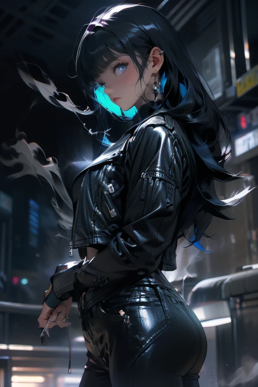 1lady,solo,cool,dark,darkness,neon,leather jacket,upper body,black hair and long hair,have a cigarette,smoke, smoke a cigarette,silhouette