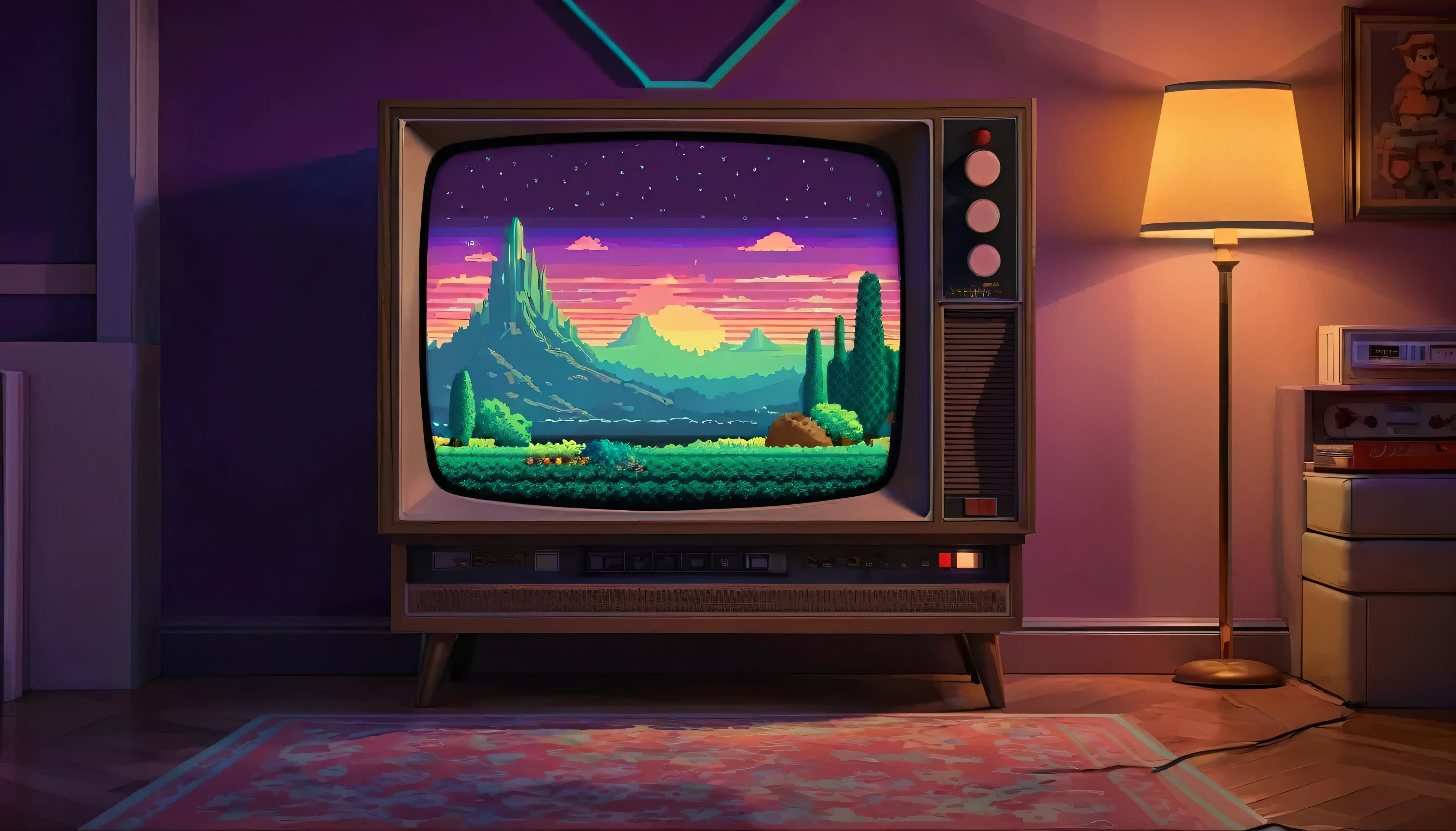 In the dimly lit room, an 8-bit retro style, vintage aesthetic, old-school TV steals the spotlight. The classic television set exudes nostalgia, its pixels flickering in the darkness. An enchanting painting captures this scene, expertly showcasing the intricate patterns on the TV screen. Every pixel is meticulously placed, creating a mesmerizing blend of colors and shapes. The image radiates a sense of authenticity and quality, inviting viewers to reminisce about a bygone era with a modern twist.