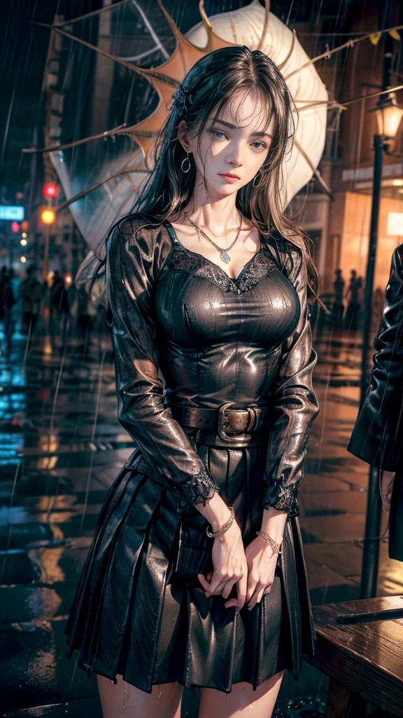 (RAW shooting, Photorealistic:1.5, 8k, highest quality, masterpiece, Ultra-high resolution), Perfect dynamic composition:1.2, Modern city street corner at night, Sobbing:1.3, (((Typhoon heavy rain))), Highly detailed skin and facial textures:1.2, Slim office lady wet with rain:1.3, Sexy beauty:1.1, Perfect Style:1.2, beautifully、aesthetic:1.1, Fair skin, Very beautiful face, Water droplets on the skin, (Rain dripping down on my body:1.2, Wet body, Wet Hair:1.4, Wet Office Skirt:1.2, Wet OL uniform:1.3), belt, (Medium Chest, Bra is sheer, Chest gap), (Expressions of sadness, Embarrassed smile, Her facial expression when she felt intense caressing, Facial expressions when feeling happy), (Beautiful Blue Eyes, Beautiful erotic eyes:0.8), (Too erotic:0.9, Fascinating:0.9), Cowboy Shot, Shoulder bag, necklace, Earrings, bracelet, clock