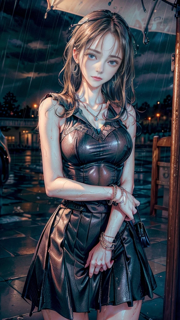 (RAW shooting, Photorealistic:1.5, 8k, highest quality, masterpiece, Ultra-high resolution), Perfect dynamic composition:1.2, Modern city street corner at night, Sobbing:1.3, (((Typhoon heavy rain))), Highly detailed skin and facial textures:1.2, Office lady drenched in rain:1.3, Sexy beauty:1.1, Incredibly slim body:1.2, beautifully、aesthetic:1.1, Fair skin, Very beautiful face, Water droplets on the skin, (Rain dripping down on my body:1.2, Wet body, Wet Hair:1.4, Wet Office Skirt:1.2, Wet OL uniform:1.3), belt, (Shapely breasts, Bra is sheer, Chest gap), (Expressions of sadness, Embarrassed smile, Her facial expression when she felt intense caressing, Facial expressions when feeling happy), (Beautiful Blue Eyes, Beautiful erotic eyes:0.8), (Too erotic:0.9, Fascinating:0.9), Cowboy Shot, Shoulder bag, necklace, Earrings, bracelet, clock