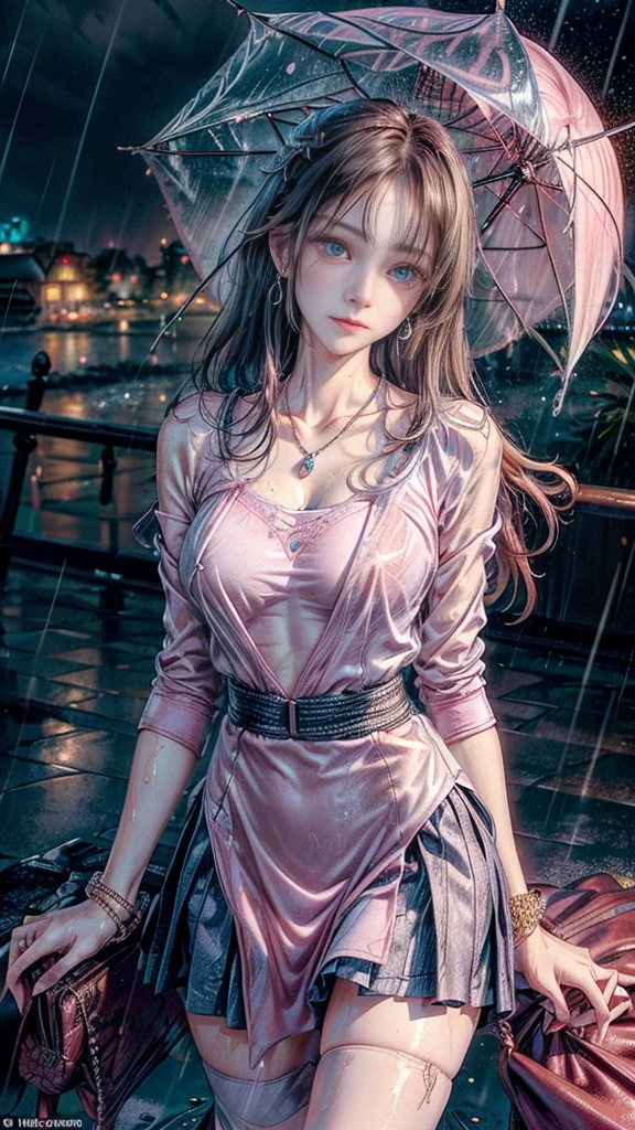 (RAW shooting, Photorealistic:1.5, 8k, highest quality, masterpiece, Ultra-high resolution), Perfect dynamic composition:1.2, Modern city street corner at night, Sobbing:1.3, (((Typhoon heavy rain))), Highly detailed skin and facial textures:1.2, Office lady drenched in rain:1.3, Sexy beauty:1.1, Incredibly slim body:1.2, beautifully、aesthetic:1.1, Fair skin, Very beautiful face, Water droplets on the skin, (Rain dripping down on my body:1.2, Wet body, Wet Hair:1.4, Wet Office Skirt:1.2, Wearing wet pink casual clothing:1.3), belt, (Shapely breasts, Bra is sheer, Chest gap), (Expressions of sadness, Embarrassed smile, Her facial expression when she felt intense caressing, Facial expressions when feeling happy), (Beautiful Blue Eyes, Beautiful erotic eyes:0.8), (Too erotic:0.9, Fascinating:0.9), Cowboy Shot, Shoulder bag, necklace, Earrings, bracelet, clock