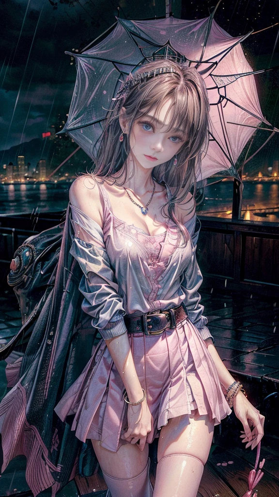 (RAW shooting, Photorealistic:1.5, 8k, highest quality, masterpiece, Ultra-high resolution), Perfect dynamic composition:1.2, Modern city street corner at night, Sobbing:1.3, (((Typhoon heavy rain))), Highly detailed skin and facial textures:1.2, Office lady drenched in rain:1.3, Sexy beauty:1.1, Incredibly slim body:1.2, beautifully、aesthetic:1.1, Fair skin, Very beautiful face, Water droplets on the skin, (Rain dripping down on my body:1.2, Wet body, Wet Hair:1.4, Wet Office Skirt:1.2, Wearing wet pink casual clothing:1.3), belt, (Shapely breasts, Bra is sheer, Chest gap), (Expressions of sadness, Embarrassed smile, Her facial expression when she felt intense caressing, Facial expressions when feeling happy), (Beautiful Blue Eyes, Beautiful erotic eyes:0.8), (Too erotic:0.9, Fascinating:0.9), Cowboy Shot, Shoulder bag, necklace, Earrings, bracelet, clock