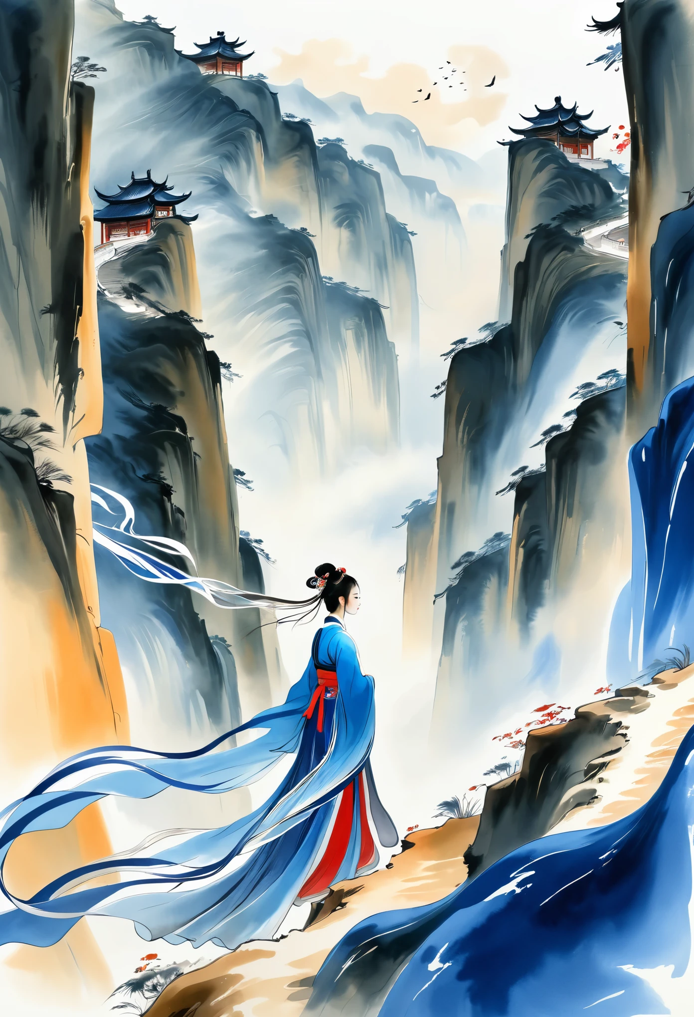 1 名女孩，站在懸崖邊上，Hanfu，飘逸丝带极简主义，徒手，流暢的線條，水墨背景
