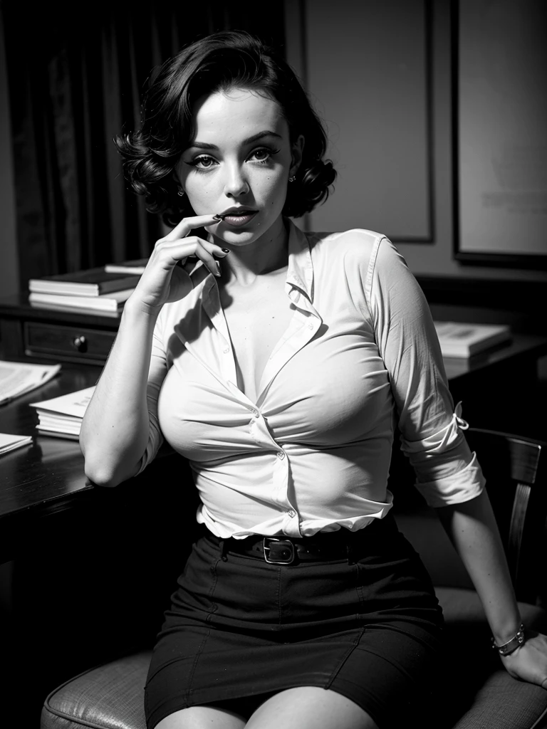 (best quality, masterpiece, high resolution: 1.2), raw photo, professional photo, noir style, photo in the style of the 30s, Marilyn Monroe, detective, black jacket in the style of the 30s, white blouse, neckline, black miniskirt pencil case, at the table  in the old police station, looking at the viewer, tobacco smoke around, Smoke, dim light passing through the hair, dark photo, old photo