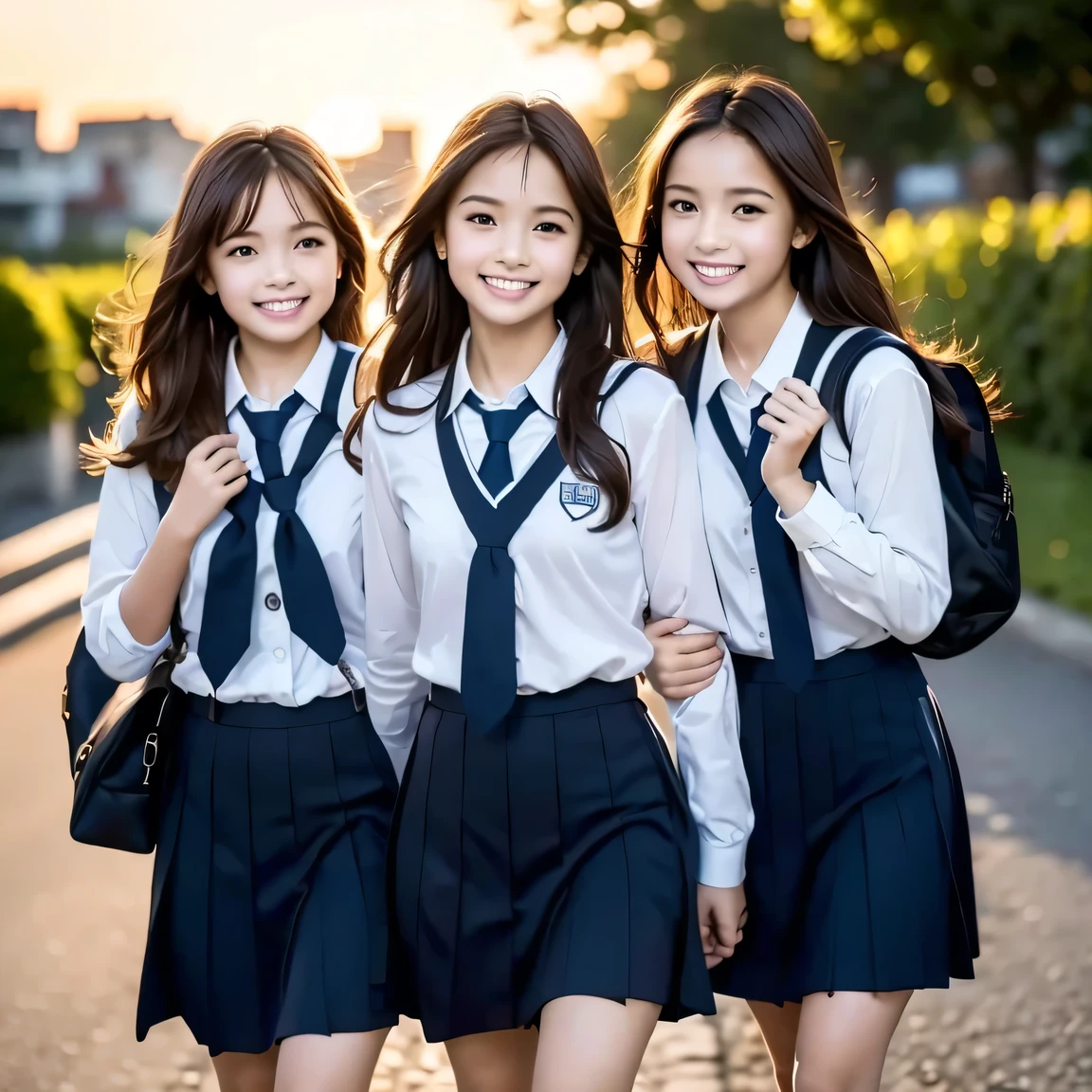 Three girls are leaving school at dusk. Their uniforms are crisp and neat, carrying school bags slung over their shoulders. The sun sets behind them, casting a warm, golden light on their faces. One girl has long, straight black hair, another has wavy chestnut curls, and the third has short bobbed red hair. They walk in sync, chattering animatedly, their laughter filling the air. The details of their features are exquisitely captured, each girl possessing unique and beautiful facial structures. The background is softly blurred, drawing focus to the trio of friends as they make their way home from school. (High resolution, detailed, school-themed, evening scene, girls)