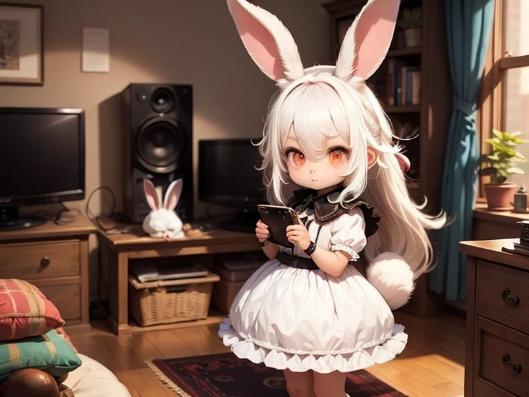 solo,1girl\((chibi:1.6),cute,kawaii,small kid,(white hair:1.7),(very long hair:1.7),bangs,(ear\(fluffy white bunny-ear\):1.4),(1 bunny tail:1.3),(red eye),big eye,beautiful shiny eye,skin color white,big hairbow,(white frilled dress:1.3),breast,playing old video game,(holding game controller),concentrate to video game,facing toward tv,sitting on floor,looking away\), BREAK ,background\(inside, tiny gothic room,video game on TV,video game console,game controller,nintendo,playstation\), quality\(8k,wallpaper of extremely detailed CG unit, ​masterpiece,hight resolution,top-quality,top-quality real texture skin,hyper realisitic,increase the resolution,RAW photos,best qualtiy,highly detailed,the wallpaper,golden ratio\), BREAK , (from back:0.9),(better hands),[rabbit:0.1],(better legs),5fingers each hand,game on TV,red eye