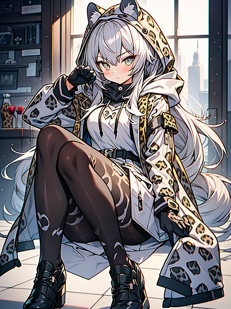 anime style,cute girl wearing hood,((gray_leopard_ears_hood)),
((gray_Leopard_print_pantyhose)),gray_leopard_paw_gloves,gray long hair,