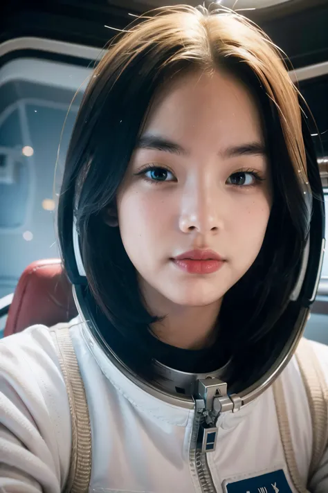 female astronaut j0rd7nj0n3s  in space, beautiful face, realistic photo, (portrait), [smoke], [haze], natural lighting, shallow ...