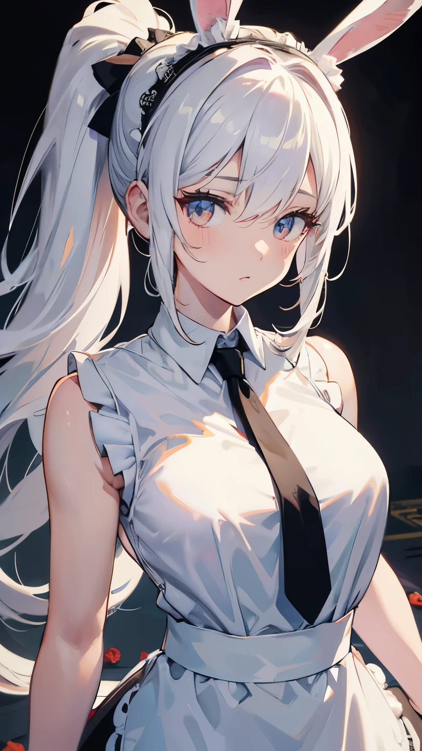 (white hair), big hair, side ponytail, ((rabbit ears)), maid headdress, Fujicolor, (((masterpiece))), ((textured skin)), (((high details))), highres, cute, lovely, maid, Apron dress, big breasts, overhead view, ((rose garden)), (sleeveless shirt:1.7)