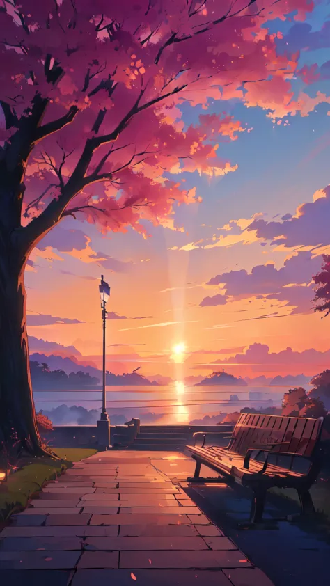 there is a street light that is next to a tree, anime beautiful peace scene, beautiful anime scene, beautiful anime scenery, ani...