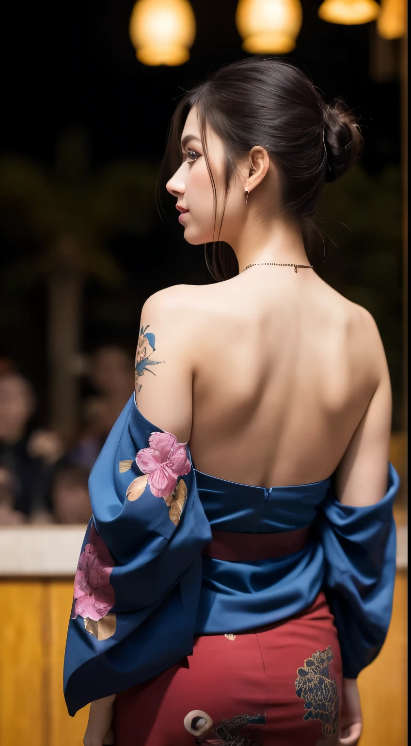 obra maestra, de la máxima calidad, de la máxima calidad, arte oficial, hermosamente、Estético:1.2),1 chica, tatuaje, alone, kimono, kimono rojo y negro, adornos para el cabello, unvainaing, pelo negro, vaina, back tatuaje, dragon tatuaje, blue eyes, fuera del hombro, Exponiendo hombros, Mirando hacia atrás, desde atrás, flor, mirando a la audiencia, tenencia, compensar, exterior,