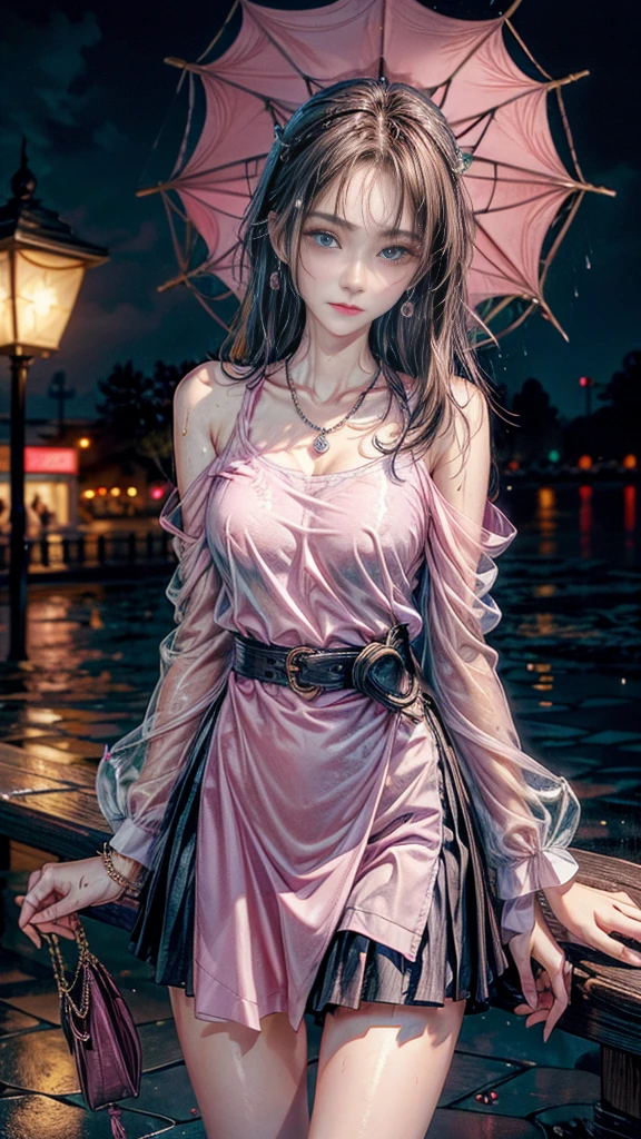 (RAW shooting, Photorealistic:1.5, 8k, highest quality, masterpiece, Ultra-high resolution), Perfect dynamic composition:1.2, Modern city street corner at night, Sobbing:1.3, (((Typhoon heavy rain))), Highly detailed skin and facial textures:1.2, Office lady drenched in rain:1.3, Sexy beauty:1.1, Incredibly slim body:1.2, beautifully、aesthetic:1.1, Fair skin, Very beautiful face, Water droplets on the skin, (Rain dripping down on my body:1.2, Wet body, Wet Hair:1.4, Wet Office Skirt:1.2, Wearing wet pink casual clothing:1.3), belt, (Shapely breasts, Bra is sheer, Chest gap), (Expressions of sadness, Embarrassed smile, Her facial expression when she felt intense caressing, Facial expressions when feeling happy), (Beautiful Blue Eyes, Beautiful erotic eyes:0.8), (Too erotic:0.9, Fascinating:0.9), Cowboy Shot, Shoulder bag, necklace, Earrings, bracelet, clock