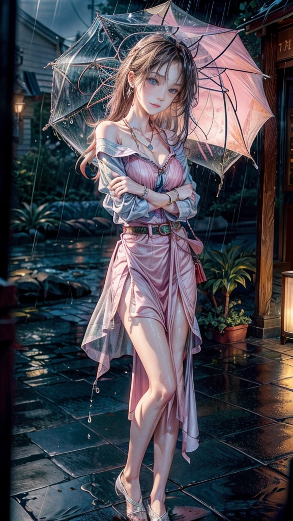 (RAW shooting, Photorealistic:1.5, 8k, highest quality, masterpiece, Ultra-high resolution), Perfect dynamic composition:1.2, Modern city street corner at night, Sobbing:1.3, (((Typhoon heavy rain))), Highly detailed skin and facial textures:1.2, Office lady drenched in rain:1.3, Sexy beauty:1.1, Incredibly slim body:1.2, beautifully、aesthetic:1.1, Fair skin, Very beautiful face, Water droplets on the skin, (Rain dripping down on my body:1.2, Wet body, Wet Hair:1.4, Wet Office Skirt:1.2, Wearing wet pink casual clothing:1.3), belt, (Shapely breasts, Bra is sheer, Chest gap), (Expressions of sadness, Embarrassed smile, Her facial expression when she felt intense caressing, Facial expressions when feeling happy), (Beautiful Blue Eyes, Beautiful erotic eyes:0.8), (Too erotic:0.9, Fascinating:0.9), Cowboy Shot, Shoulder bag, necklace, Earrings, bracelet, clock