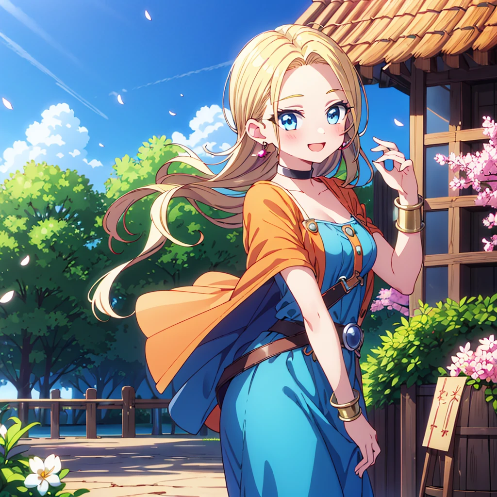 masterpiece,highest quality,High resolution,Very detailed,Bianca \(Dragon Quest 5\),blue eyes,Long Hair,Single Blade,Earrings,choker,Orange Cape,Green Dress,bracelet,belt,boots,(Wind lift:1.2),blush,(Embarrassing:1.2),Outdoor,Castle gardens,dance、High resolution、Very detailed、Bianca \(Dragon Quest 5\)、blue eyes、Long Hair、1 braid、Earrings、choker、Orange Cape、Green Dress、bracelet、belt、boots、、、Outdoor、cherry blossoms、Are standing、smile、Upper Body