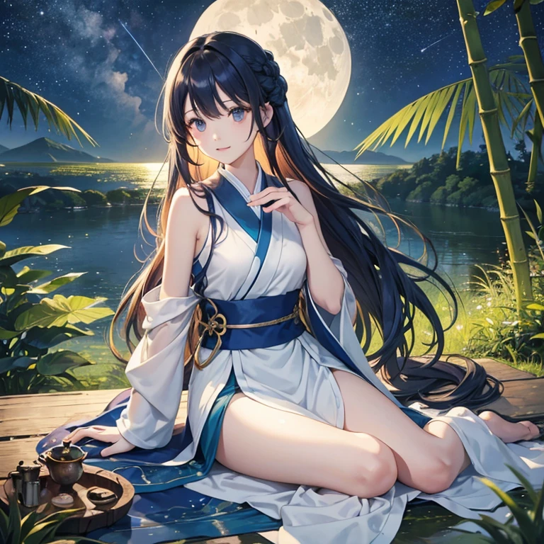 wallpaper, highly detailed, illustration, 1 girl, Azure hair, long hair, detailed eyes, full body, forest, bare shoulders, hanfu, lakes, pure, soft smile, bamboo, Tea, drinking tea, night time, starry sky, full moon, short hem
