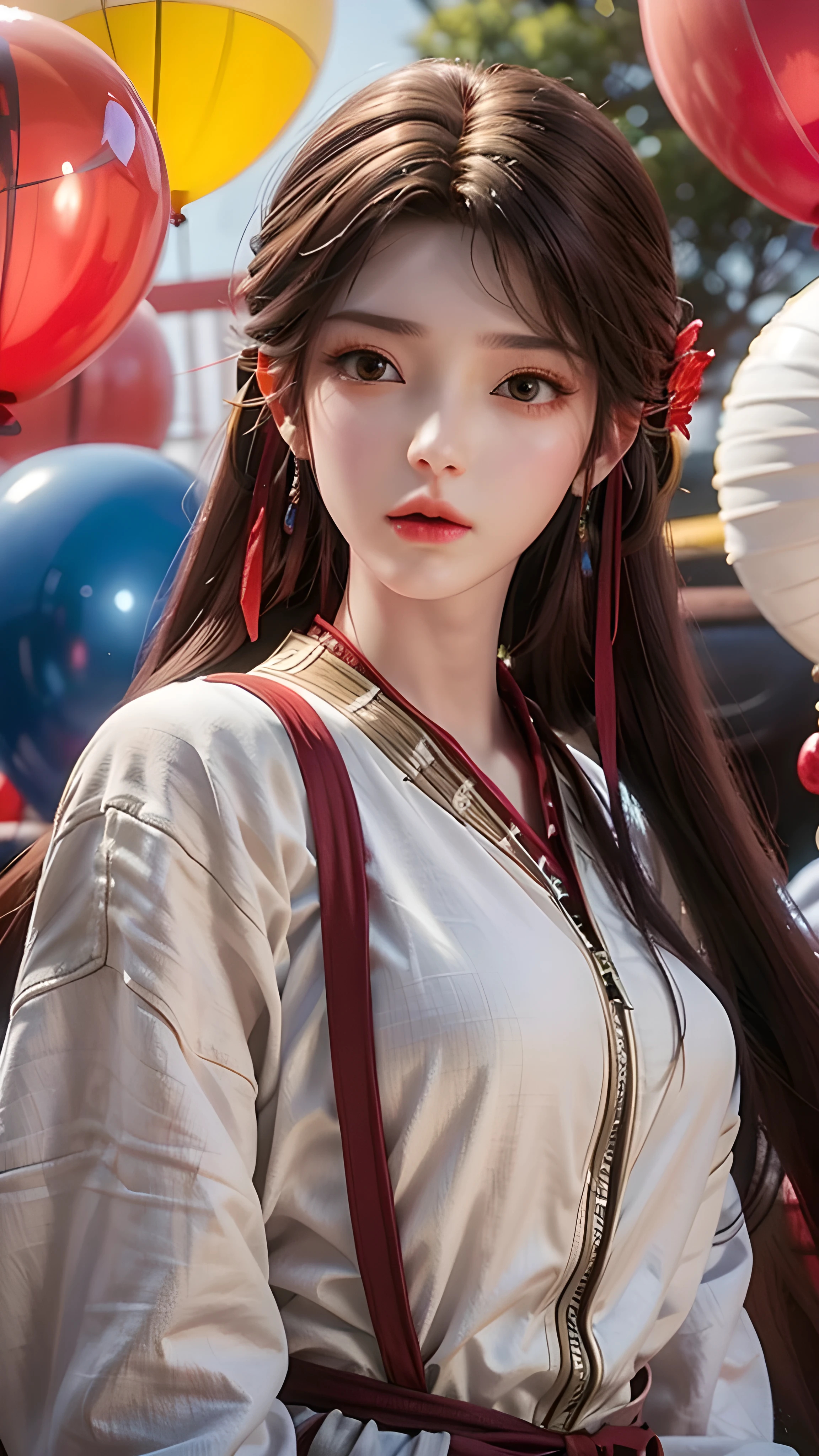 、 Playful、yellow jacket、White sweatshirt、Lots of Colorful balloons、Beautiful perfect face、whole body、Red and blue hair、Black Hair，Very long hair、Brown eyes、Perfect detail for the eye、Delicate face、CG perfeita、High-definition quality、Colorful balloons、Heaven、