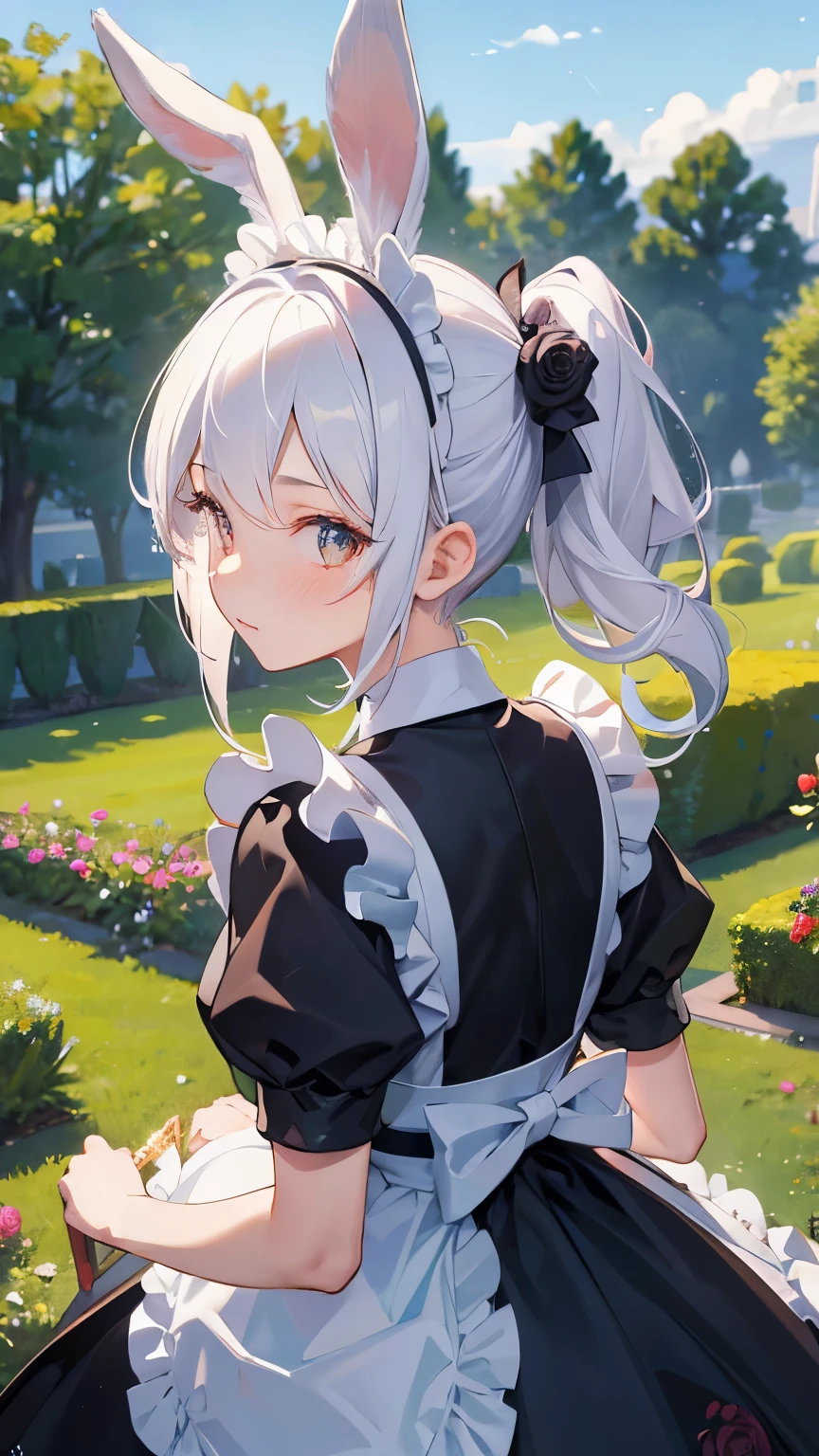 (white hair), big hair, side ponytail, ((rabbit ears)), maid headdress, (((masterpiece))), ((textured skin)), (((high details))), highres, cute, lovely, maid, apron dress, ((rose garden)), from behind