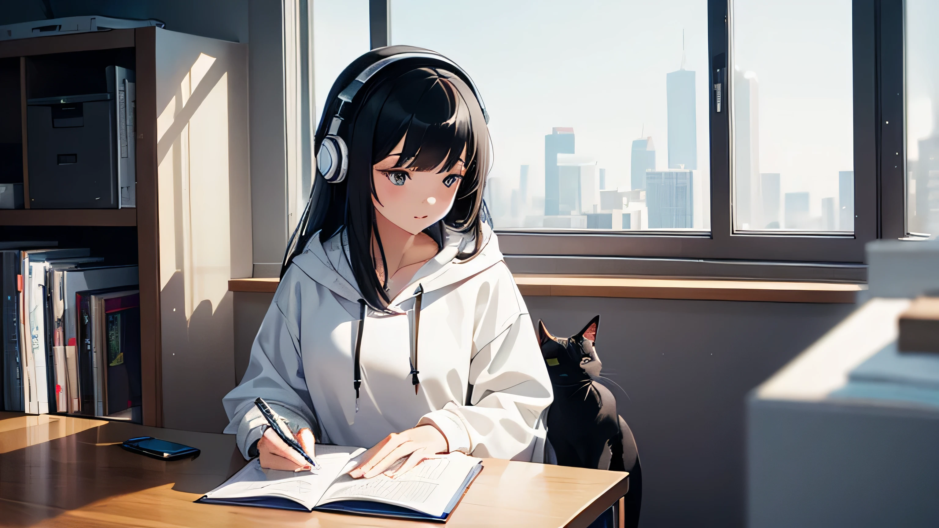 Black Hair　Long Hair　An adult woman is studying in her room, large room　Listening to music through headphones, Looks very comfortable. A bright star is shining outside the back window,White hoodie、1 black cat