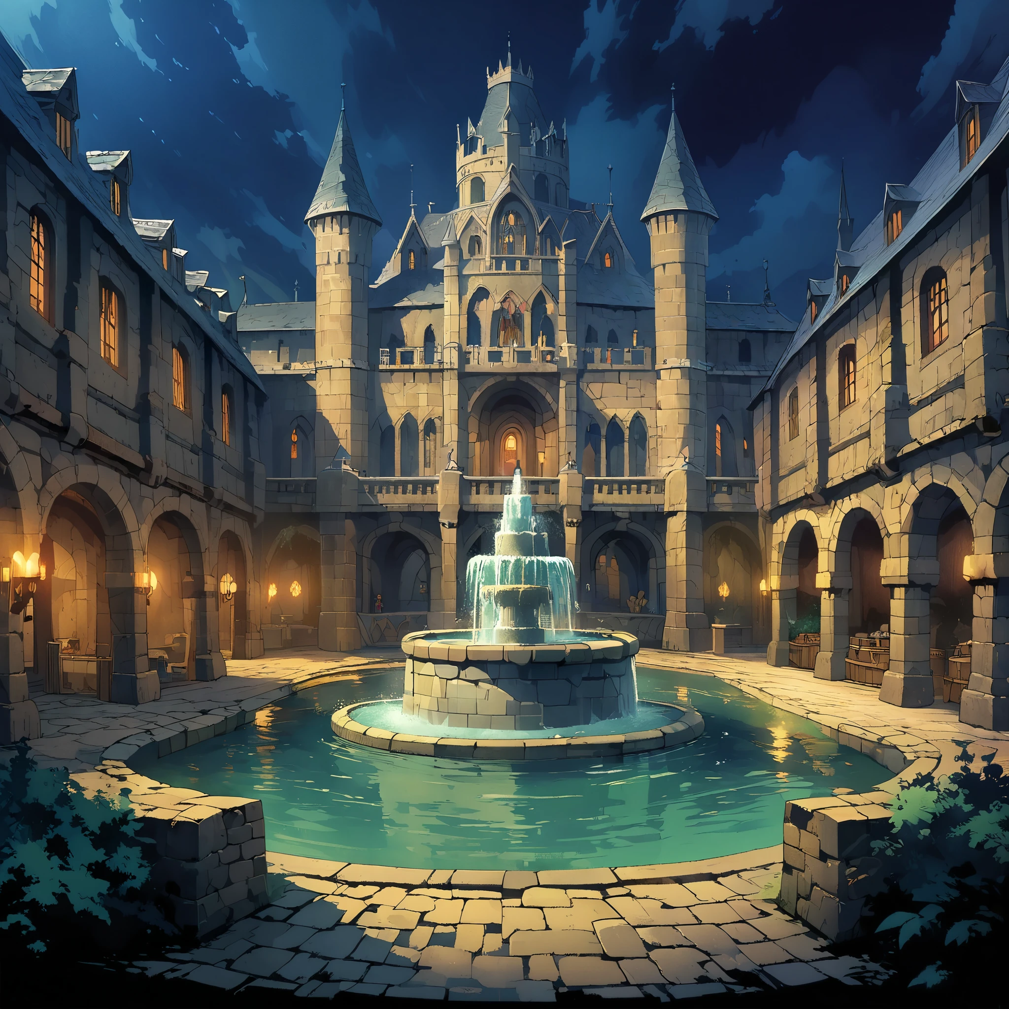 A castle(European medieval castles)，There are huge walls around，There is an artificial lake in the atrium，There is an artificial fountain in the lake，The castle is magnificently decorated，The setting is night。Mid-ground composition，Panorama pictures，Scene screen，Game concept art style，Anime illustration style，Markup style，HD，4K。