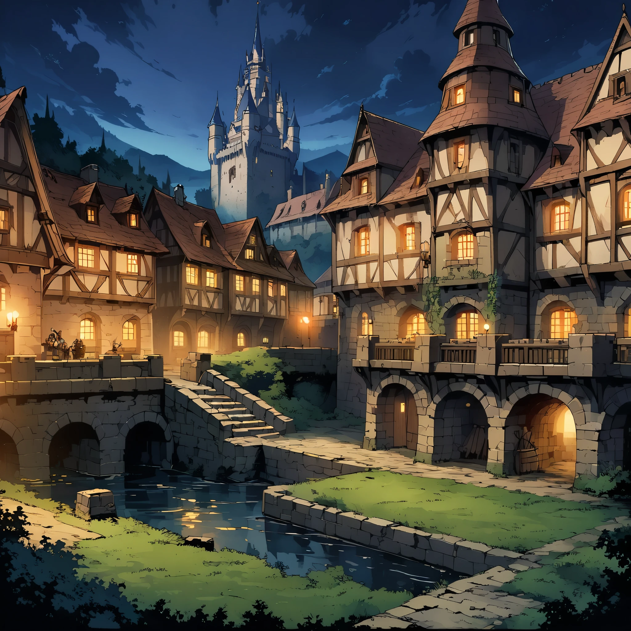 城(ヨーロッパの中世の城)，城の周りには堀がある，夜景。中景の構図，パノラマ写真，シーン画面，ゲームコンセプトアートスタイル，アニメイラスト風，高解像度，4K。