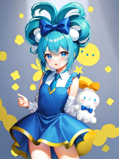 1girll, Solo, Cinnamiku, Blue hair, Blue eyes, Hair rings, Hair Bow, (Blue bow), (cinnamoroll, tied ears, sanrio, 1other, organi...