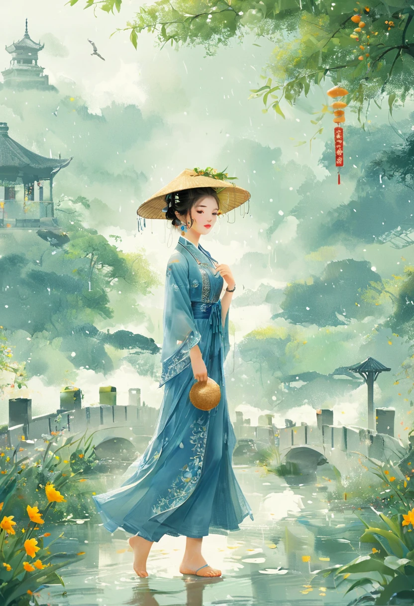 1girl, Cai GuoRUN's illustration style, Flat illustration style，Asian women in blue dress，With grass and hat，Walk elegantly on the Rococo-style bridge，full-body shot，Soft Light，Symmetrical composition，Romantic shades，Telephoto lens，Elegant action，Confident smile, 1cgrssh1