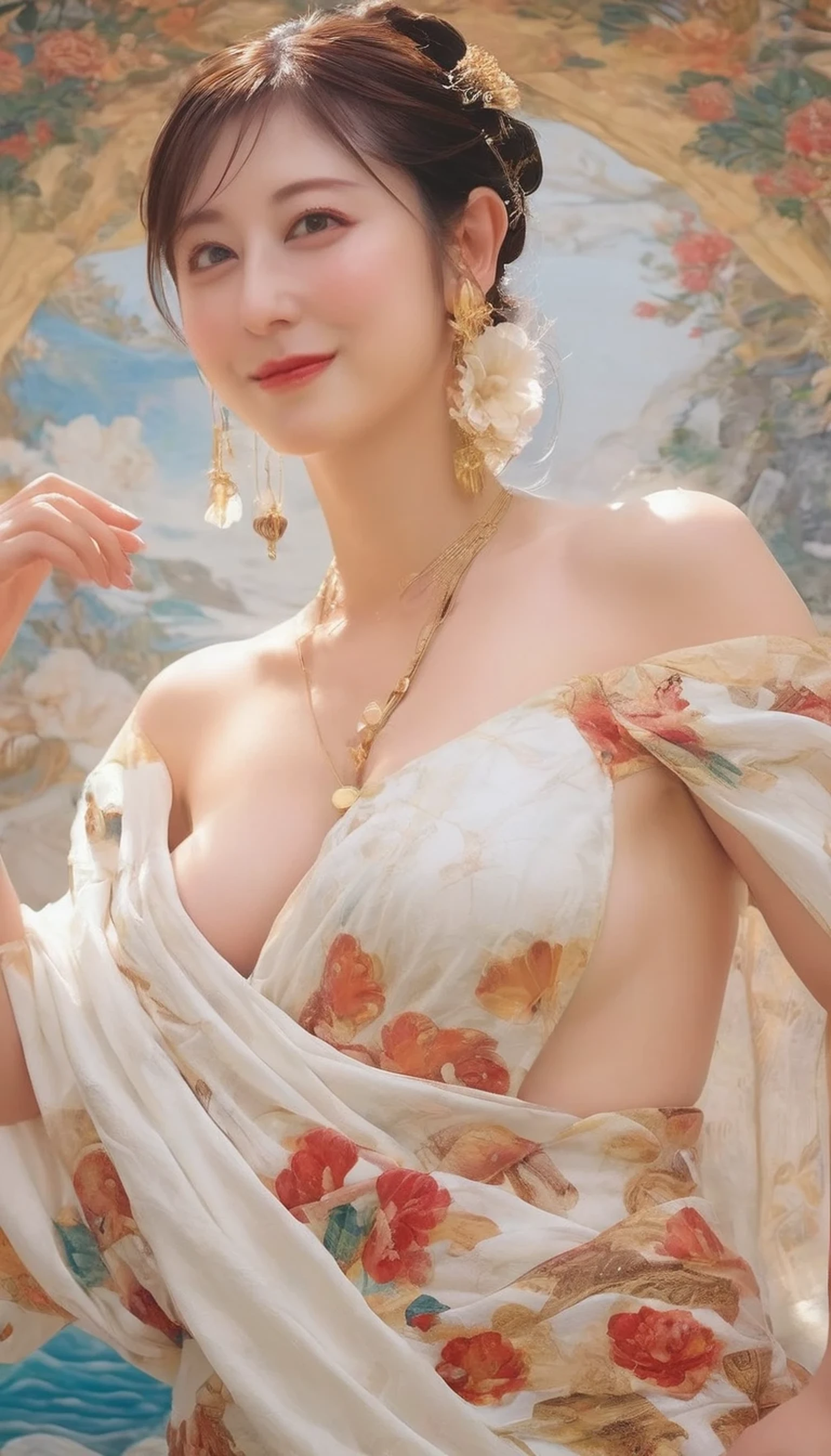 A close up of a woman in a dress with a large necklace - SeaArt AI