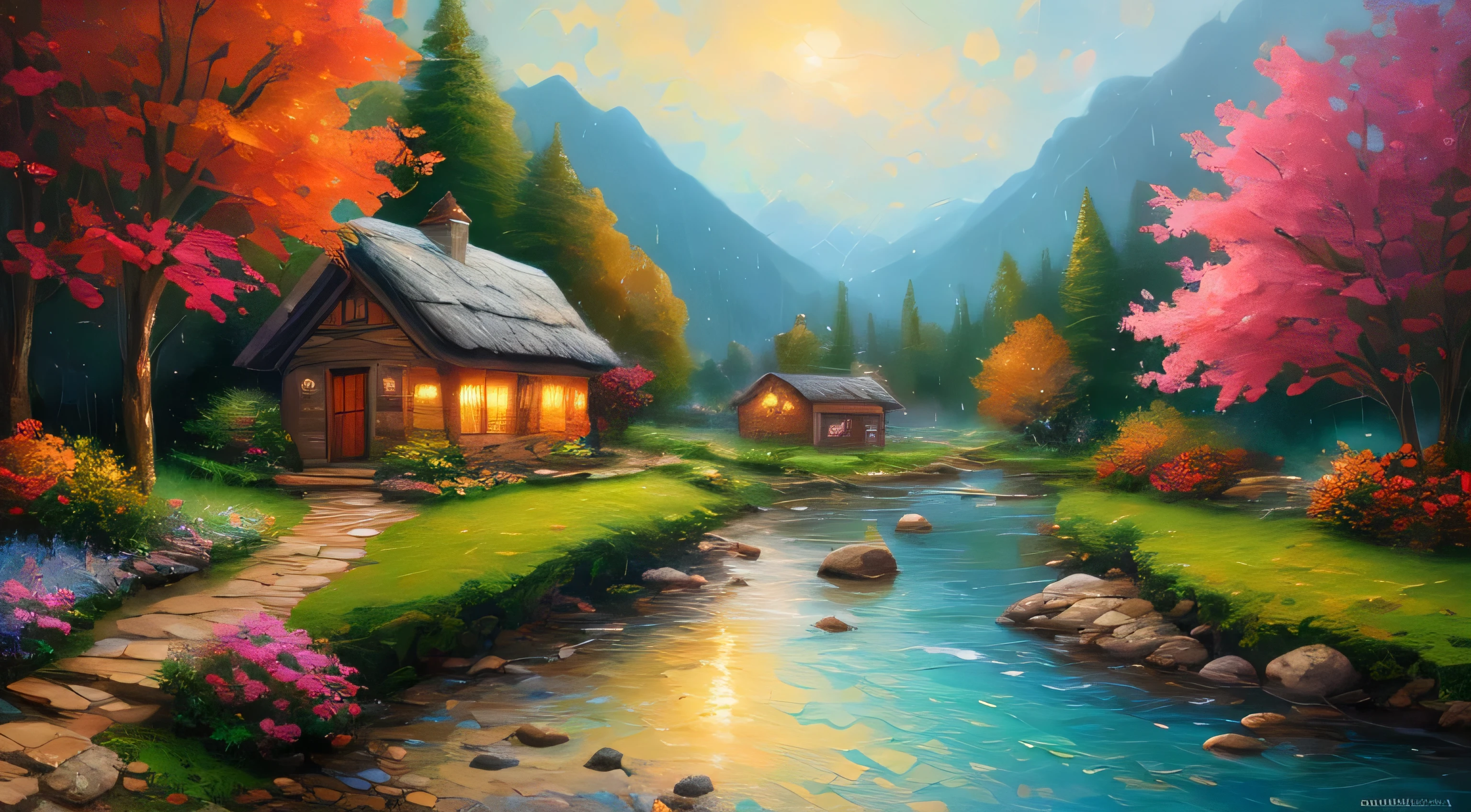 A picture of a hut by a mountain stream with a waterfall, 、rain、rain、rain、  4K Oil Painting, Beautiful Oil Painting Mat, Oil painting 4K, Oil painting 4K, cottage in the woods, Beautiful oil painting on canvas, Beautiful digital painting, smooth oil painting, Beautiful Art UHD 4K, 8k HD detailed oil painting, Oil Painting Digital Painting, Inspired by Thomas Kinkade.